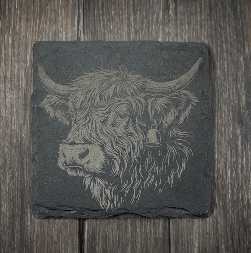 Laser‑Engraved Slate Coaster Set of Four Highland Cow with Head Turned to the Side & Bell