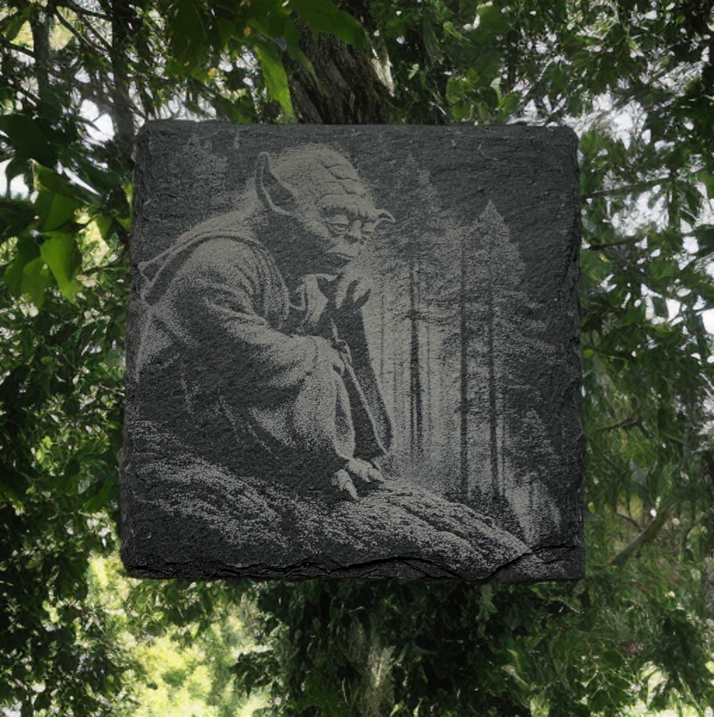 Laser‑Engraved Slate Coaster Set of Four Yoda on a Forest Hill in Deep Thought