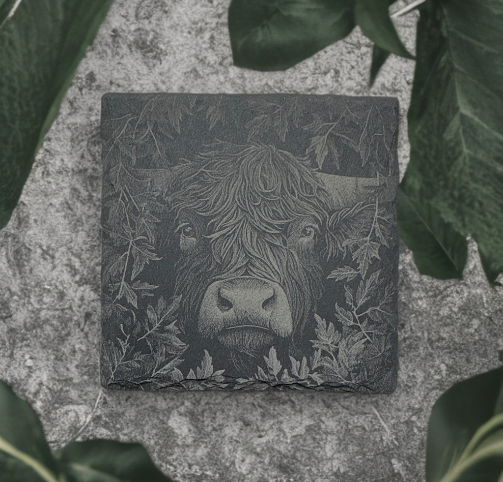 Laser‑Engraved Slate Coaster Set of Four Highland Cow Peeking Through a Bush