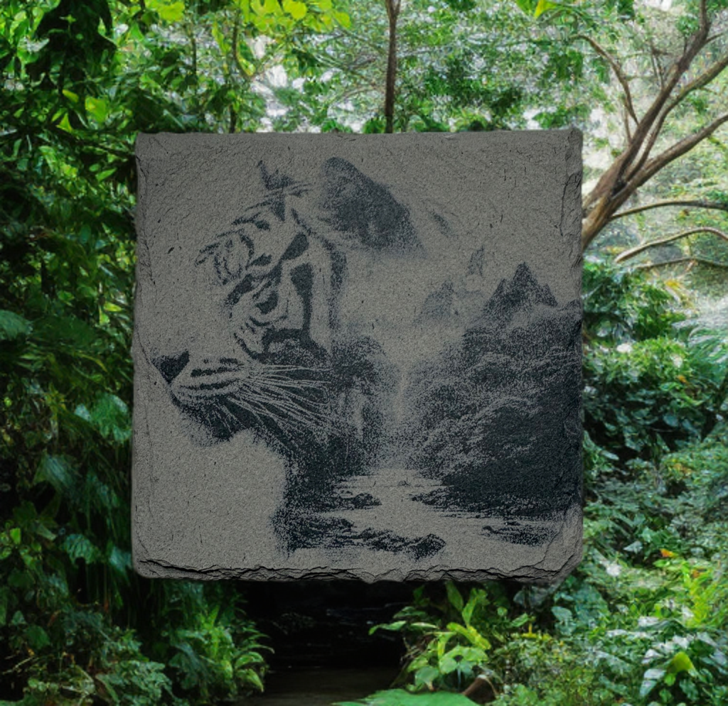 Laser‑Engraved Slate Coaster Set of Four – Tiger & Jungle Scene