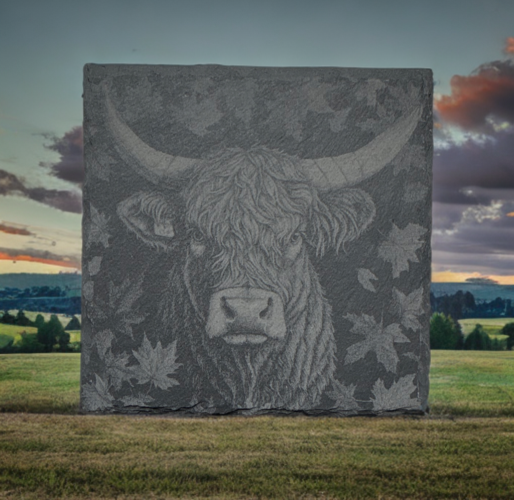 Laser‑Engraved Slate Coaster Set of Four Highland Cow with Leaves
