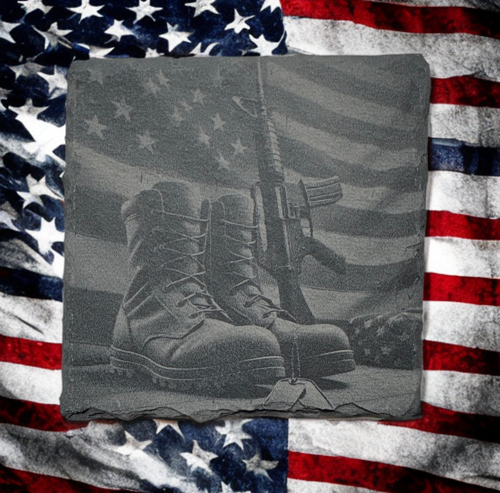 Laser‑Engraved Slate Coaster Set of Four – Army Boots, Rifle & American Flag