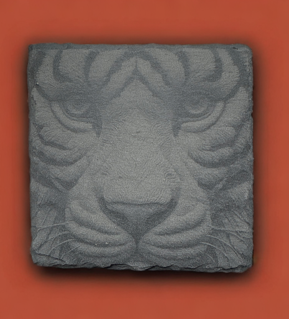 Set of Four Laser‑Engraved Slate Coasters: “Striking Tiger Face”