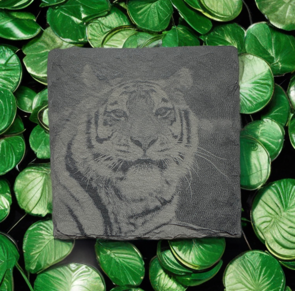 Laser‑Engraved Slate Coaster Set of Four Tiger Resting in Peaceful Stillness