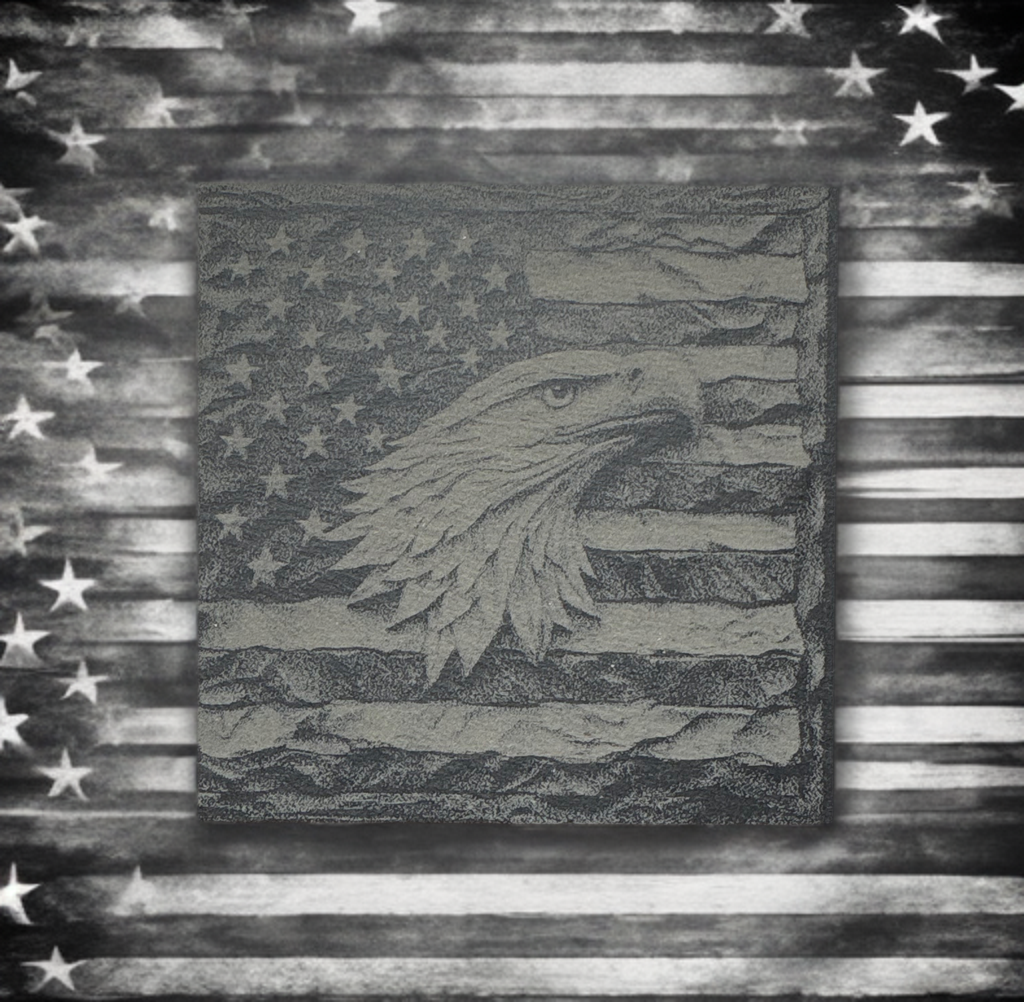 Laser‑Engraved Slate Coaster Set of Four Bald Eagle & American Flag