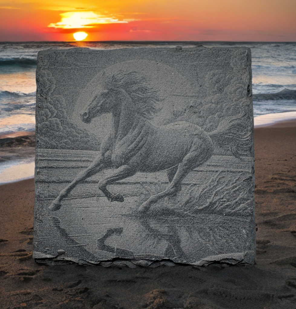 Laser‑Engraved Slate Coaster Set of Four – Wild Horse & Ocean Sunset