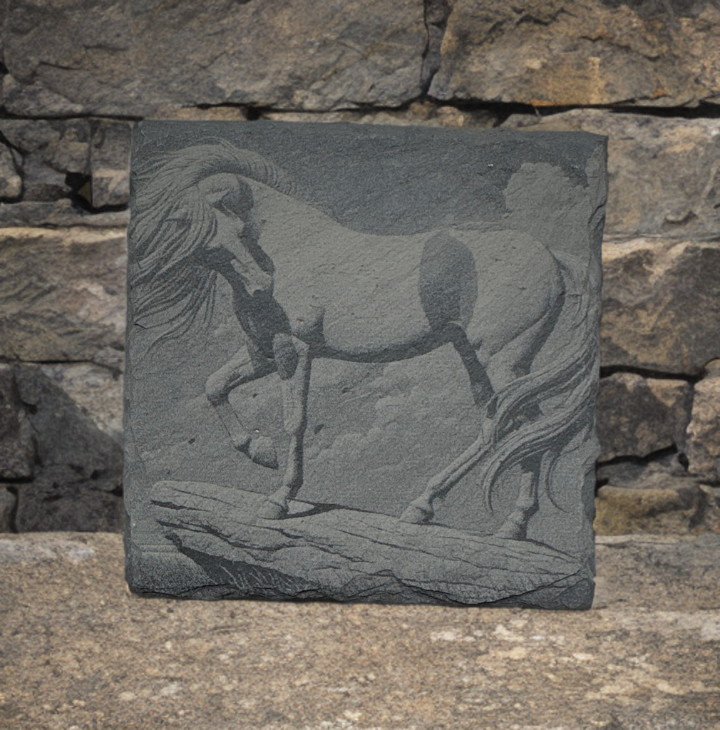 Set of Four Laser‑Engraved Slate Coasters: “Stallion of the Old West”