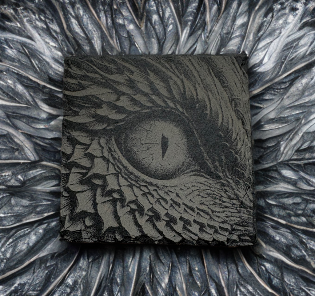Set of Four Laser‑Engraved Slate Coasters: “Dragon’s Gaze”