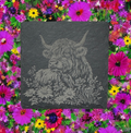 Laser‑Engraved Slate Coaster Set of Four Highland Cow in a Bed of Flowers