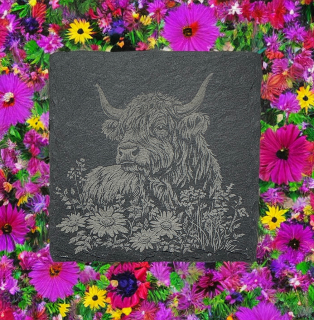 Laser‑Engraved Slate Coaster Set of Four Highland Cow in a Bed of Flowers