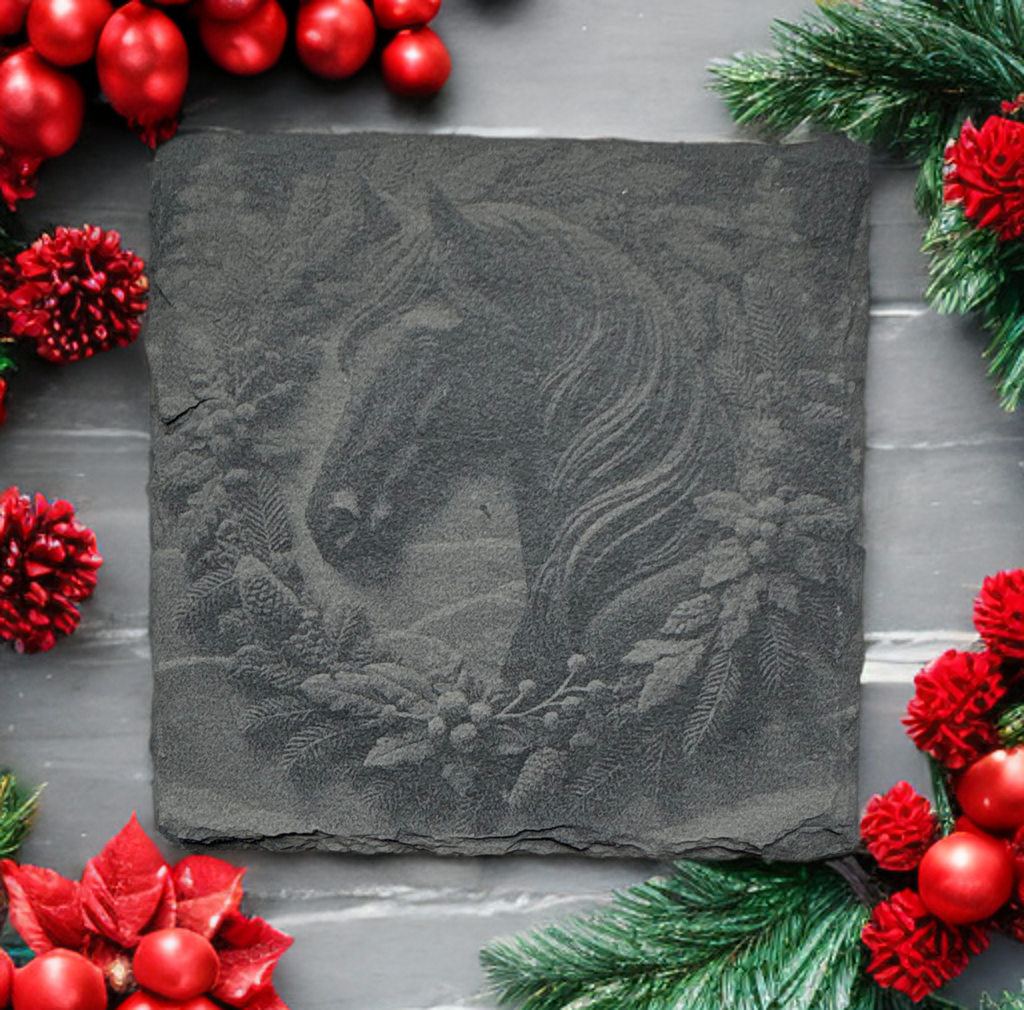 Set of Four Laser‑Engraved Slate Coasters: “Wreathed Grace”